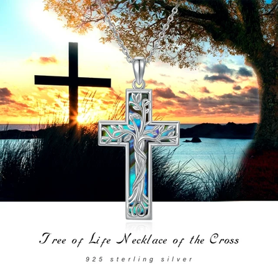 Coachuhhar Cross Necklace 925 Sterling Silver Tree of Life Necklace with Abalone Shell Pendant Necklace Cross Jewelry Gifts for Women men Girls