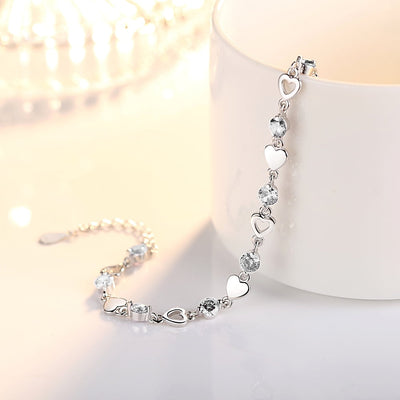 Gpoty 8"+1.4"Crystal Heart Charm Bracelet,Heart Charm Crystal Bracelet,925 Silver