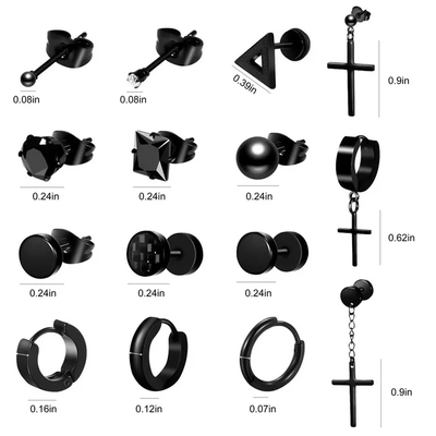 15 Pairs Stainless Steel Earrings, TSV Black Hoop Dangle Stud Cool Piercing Earrings Jewelry Set for Women Men