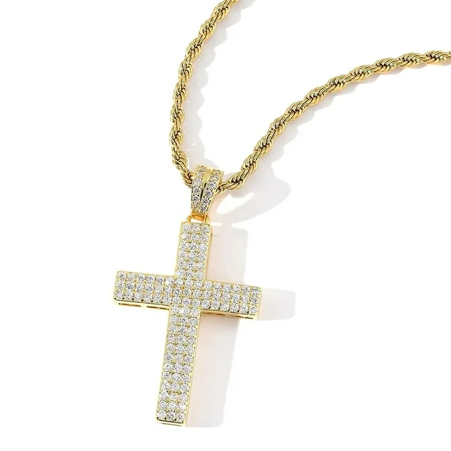 Starchenie Men's Cross Necklace Brass Gold Plating Pendant Cubic Zirconia Crucifix Jewelry 24'' Rope Chain