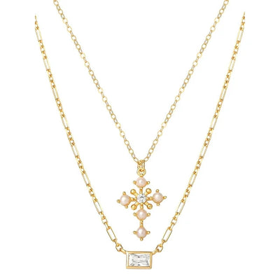 JS Jessica Simpson Gold Plated Sterling Silver CZ and Pearl Cross Layering Necklace Set