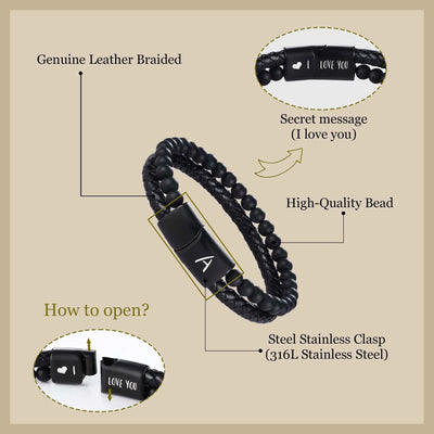 Leather Bracelet for Men Initial P Layered Black Beaded Bracelets I Love You Gifts for Him