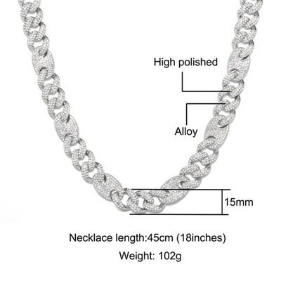 FEEL STYLE Male Zircon Silver Plated Figaro Chain Necklace for Men Teen 15MM 18"