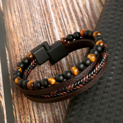 Tiger Eye Onyx Leather Beaded Bracelet