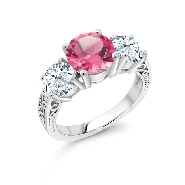 Gem Stone King 925 Sterling Silver Pink Mystic Topaz 3-Stone Engagement Ring
