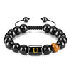 Initials Bracelets for Men Letter Link Handmade Natural Black Onyx Tiger Eye Stone Beads