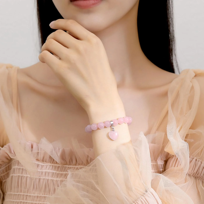 Vinchic 8mm rose quartz bracelet with heart design 