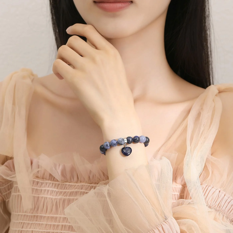 Vinchic 8mm lapis lazuli love heart stretch bracelet – energy crystal jewelry for women and girls