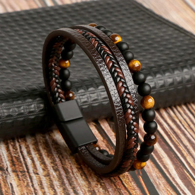 Onyx Leather Beaded Bracelet for men