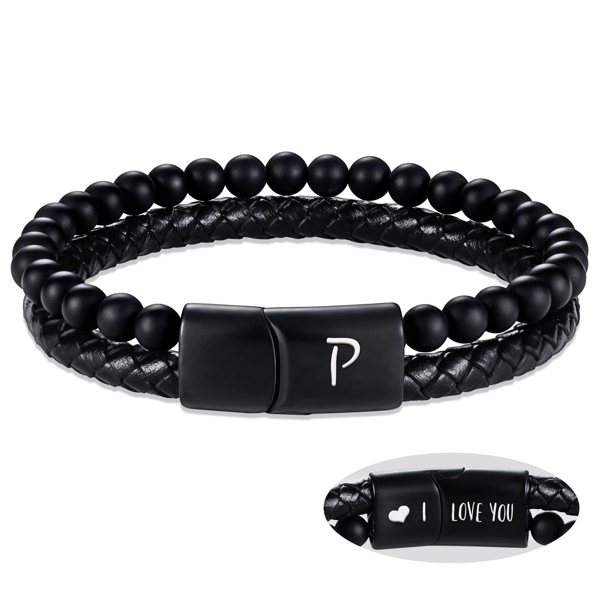 Leather Bracelet for Men Initial P Layered Black Beaded Bracelets I Love You Gifts for Him