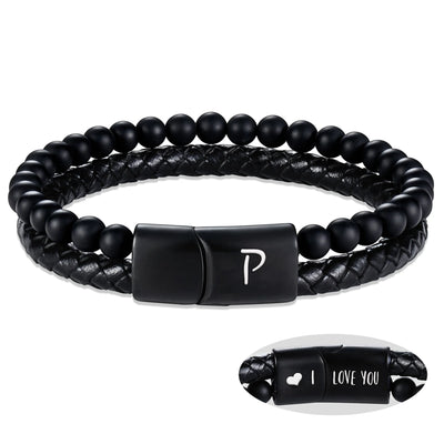 Leather Bracelet for Men Initial P Layered Black Beaded Bracelets I Love You Gifts for Him