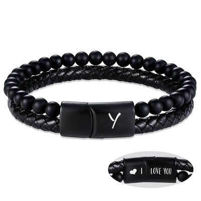 Leather Bracelet for Men Initial Y Layered Black Beaded Bracelets I Love You Gifts for Him